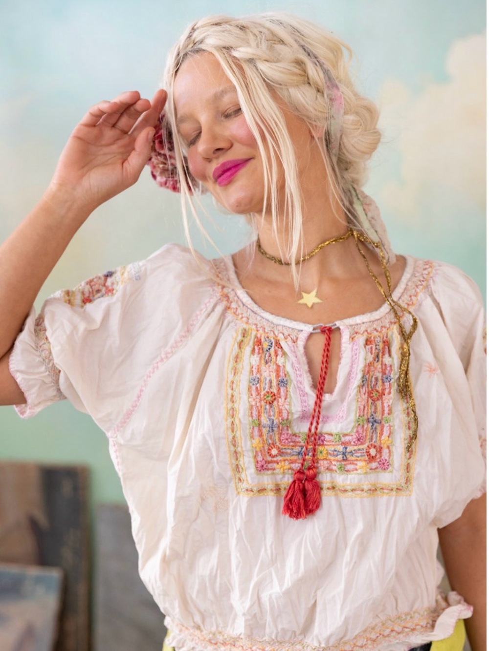 Magnolia Pearl White Embroidered Peasant Blouse with Red Tassel Detail